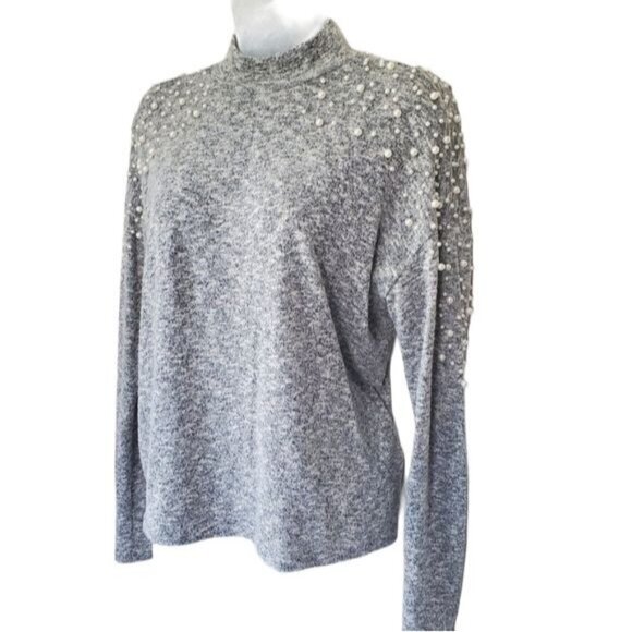 H&M Womens Sweater SZ XS Pearls Long Sleeves Gray Mockneck Lightweight Trendy‎ - Picture 6 of 11
